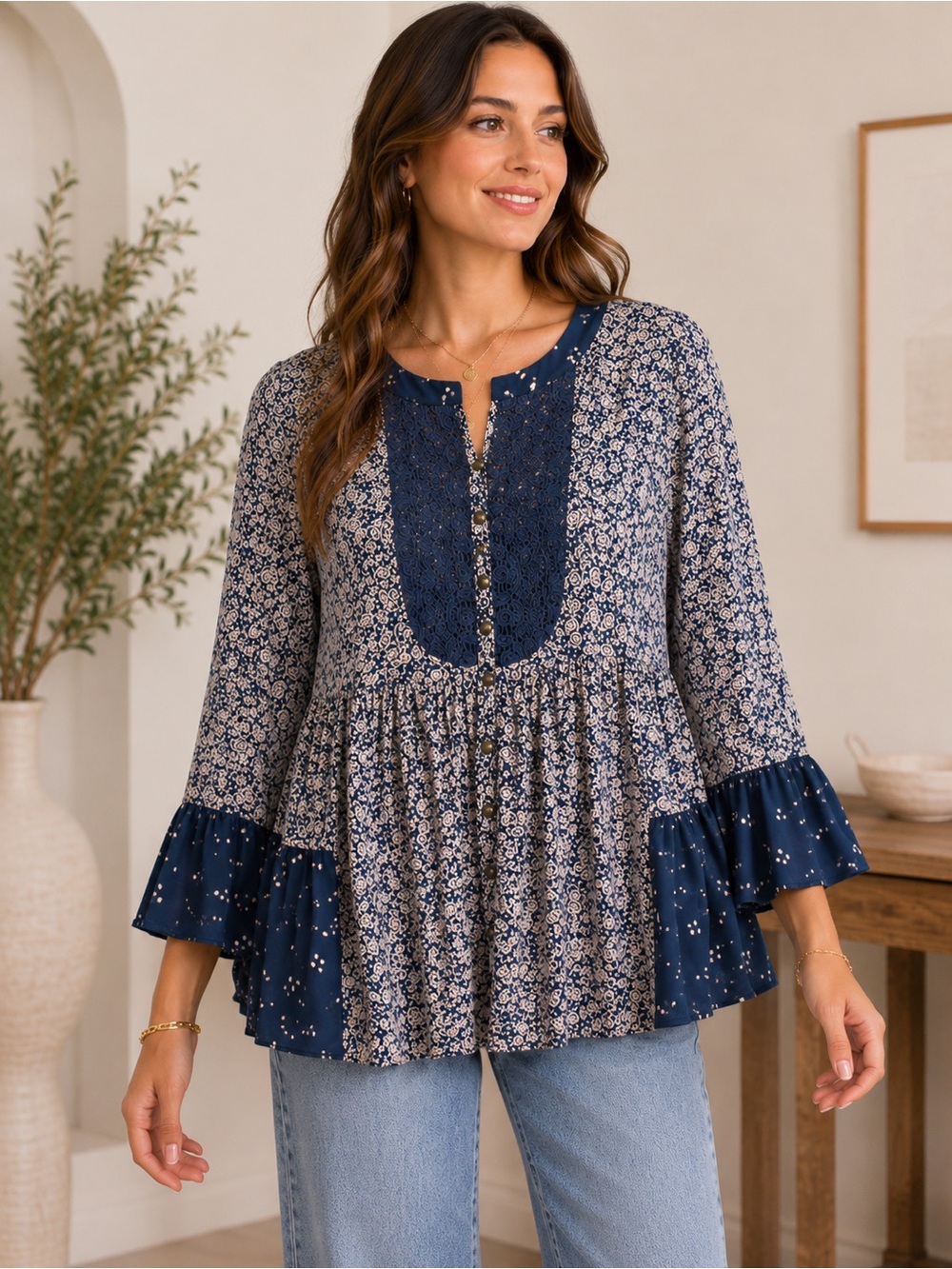 Maeve Anthropologie Hiver Navy Floral Blouse Size 6 Rayon Boho Peasant Top